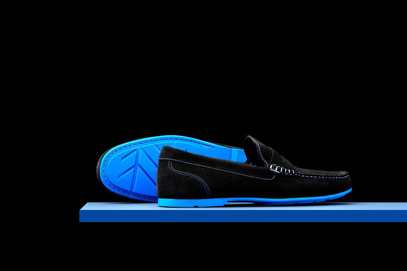 Mens Black & Blue Suede Driving Loafers