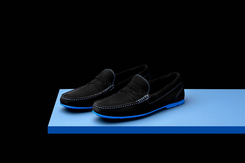 Mens Black & Blue Suede Driving Loafers