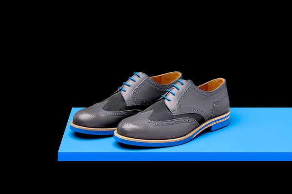 Mens Grey & Blue Leather Wingtip Dress Shoes