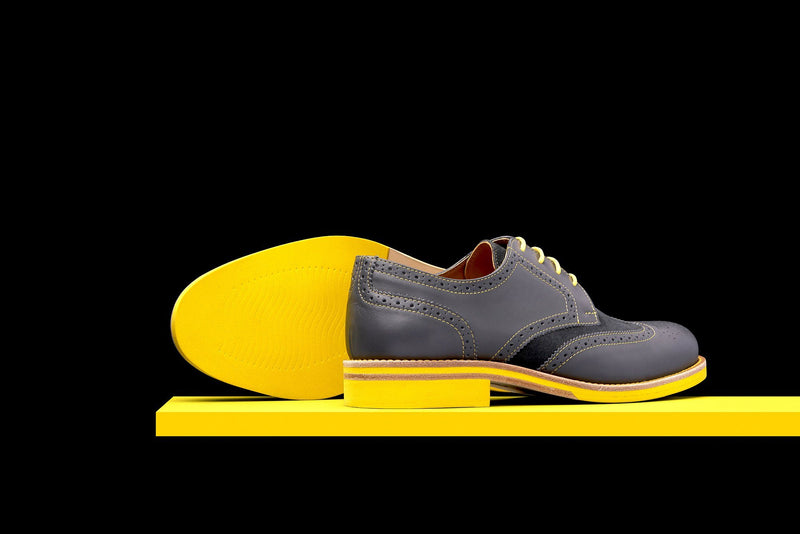 Mens Grey & Yellow Leather Wingtip Dress Shoes